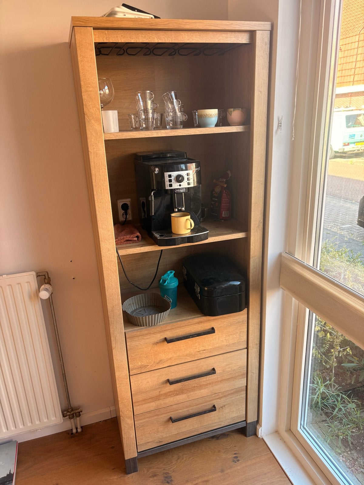 Houten kast met lades en open vakken, Ophalen, Minder dan 50 cm, Gebruikt, 200 cm of meer