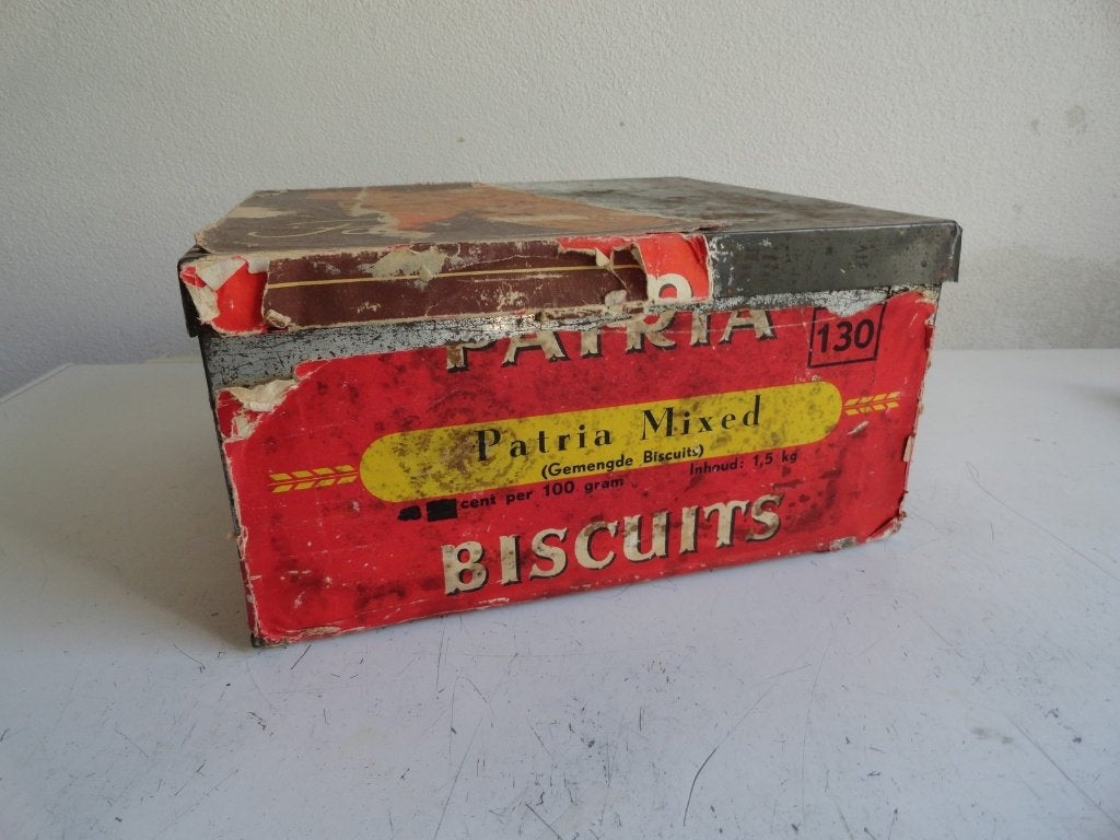 Koekjestrommel, winkelblik, antiek Patria Biscuits, Ophalen of Verzenden, Gebruikt, Koek(jes)