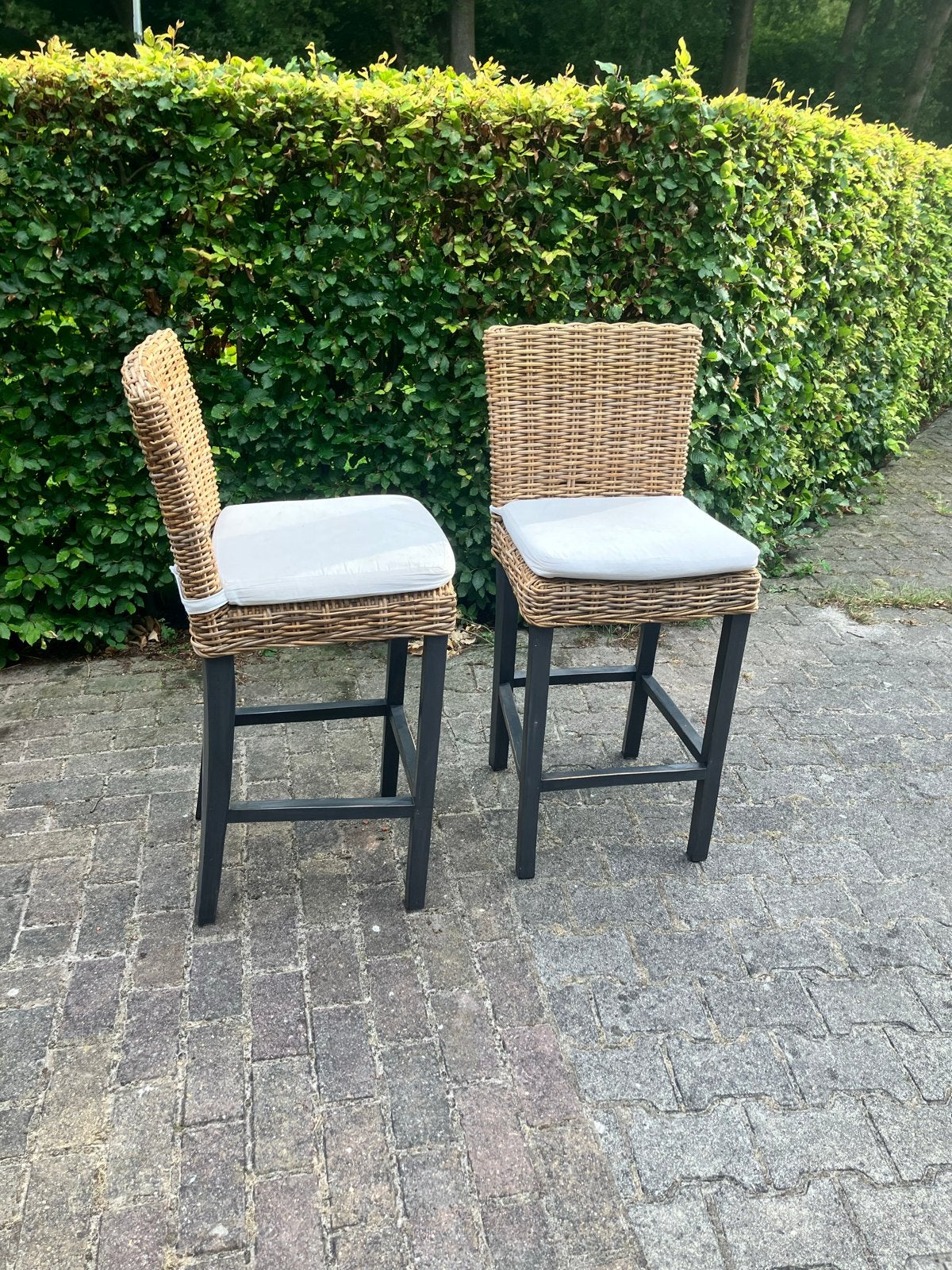 Set van 2 rotan barkrukken met kussens, zithoogte 70 cm, Ophalen, Gebruikt, Twee, Overige kleuren