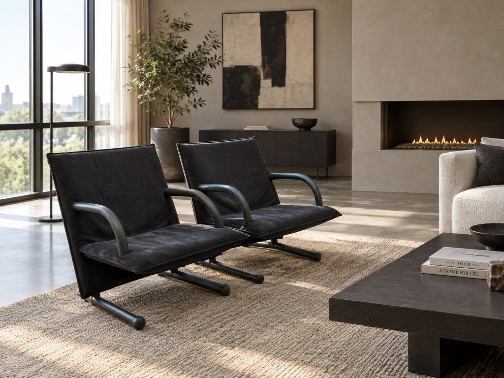 2x Arflex T-Line Burkhardt Vogther fauteuils Alcantara, Ophalen, Geometrisch Industrieel Strak Modern Italiaans, Gebruikt, Leer