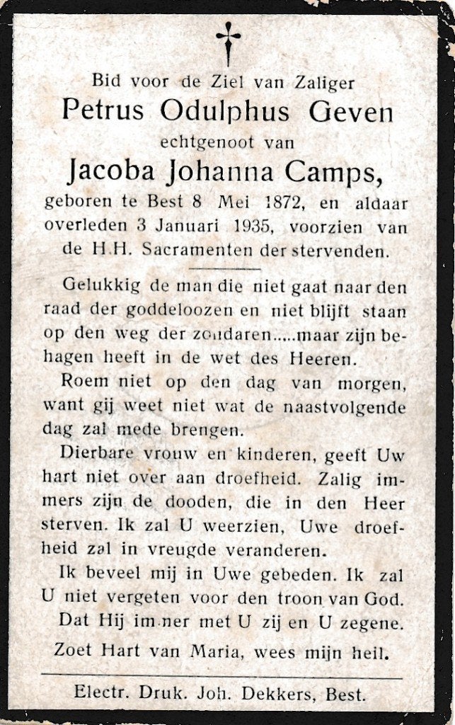 Geven Petrus 1872 Best 1935, Ophalen of Verzenden, Bidprentje