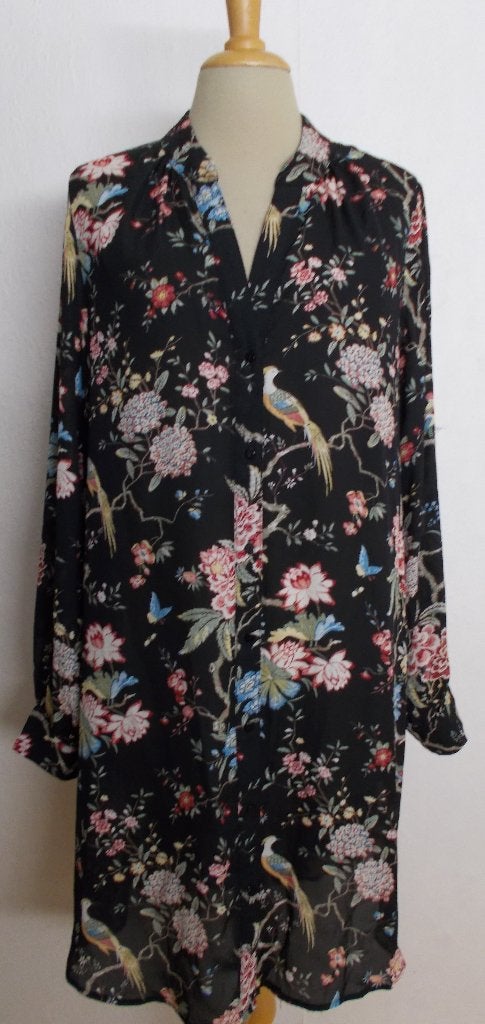 Vogel print zwarte blouse/jurk van GP & Baker! 44, Maat 42/44 (L), Zo goed als nieuw, Knielengte, Meerkleurig