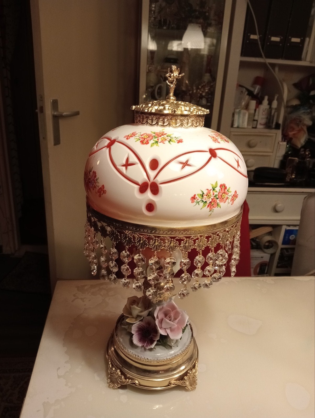 Vintage Tafellamp met Kristallen en Bloemen, Ophalen of Verzenden