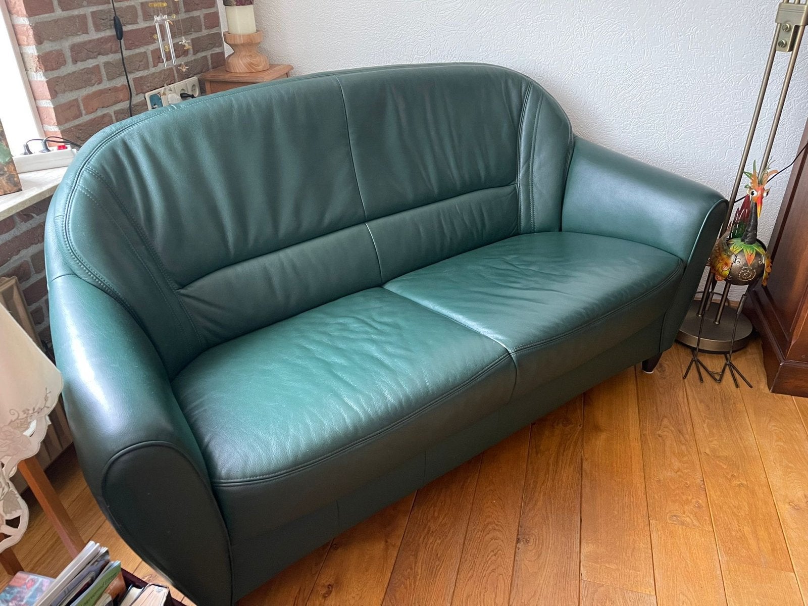 Groene leren 2-zitsbank en 3 x fauteuil, Ophalen, Gebruikt, 150 tot 200 cm, Tweepersoons