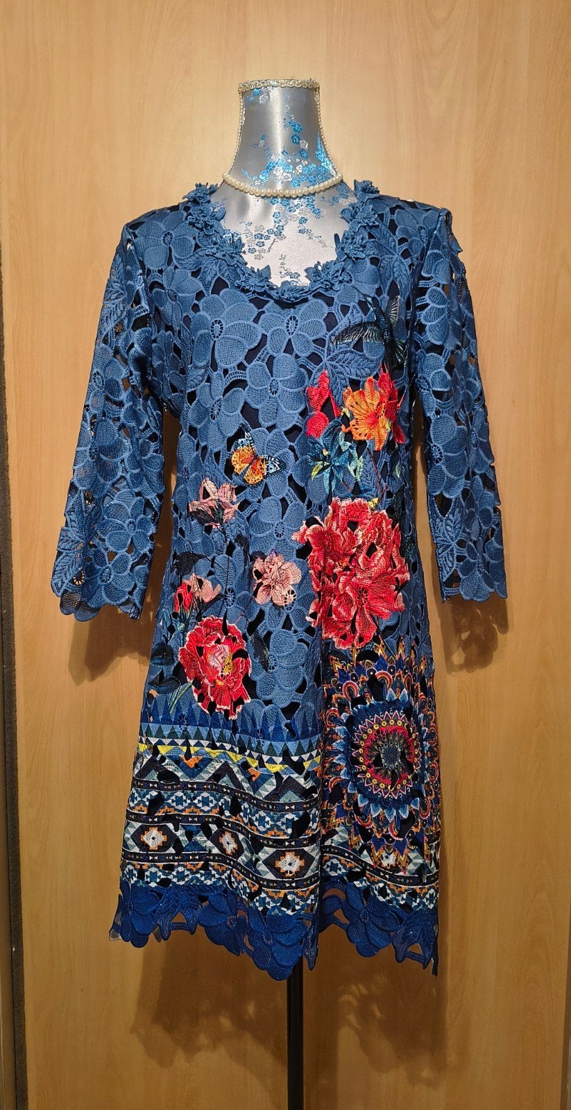 101 Idees Kanten Jurk met Bloemenprint - Maat L/XL, Kleding | Dames, Blauw, Maat 42/44 (L), Ophalen of Verzenden, Zo goed als nieuw