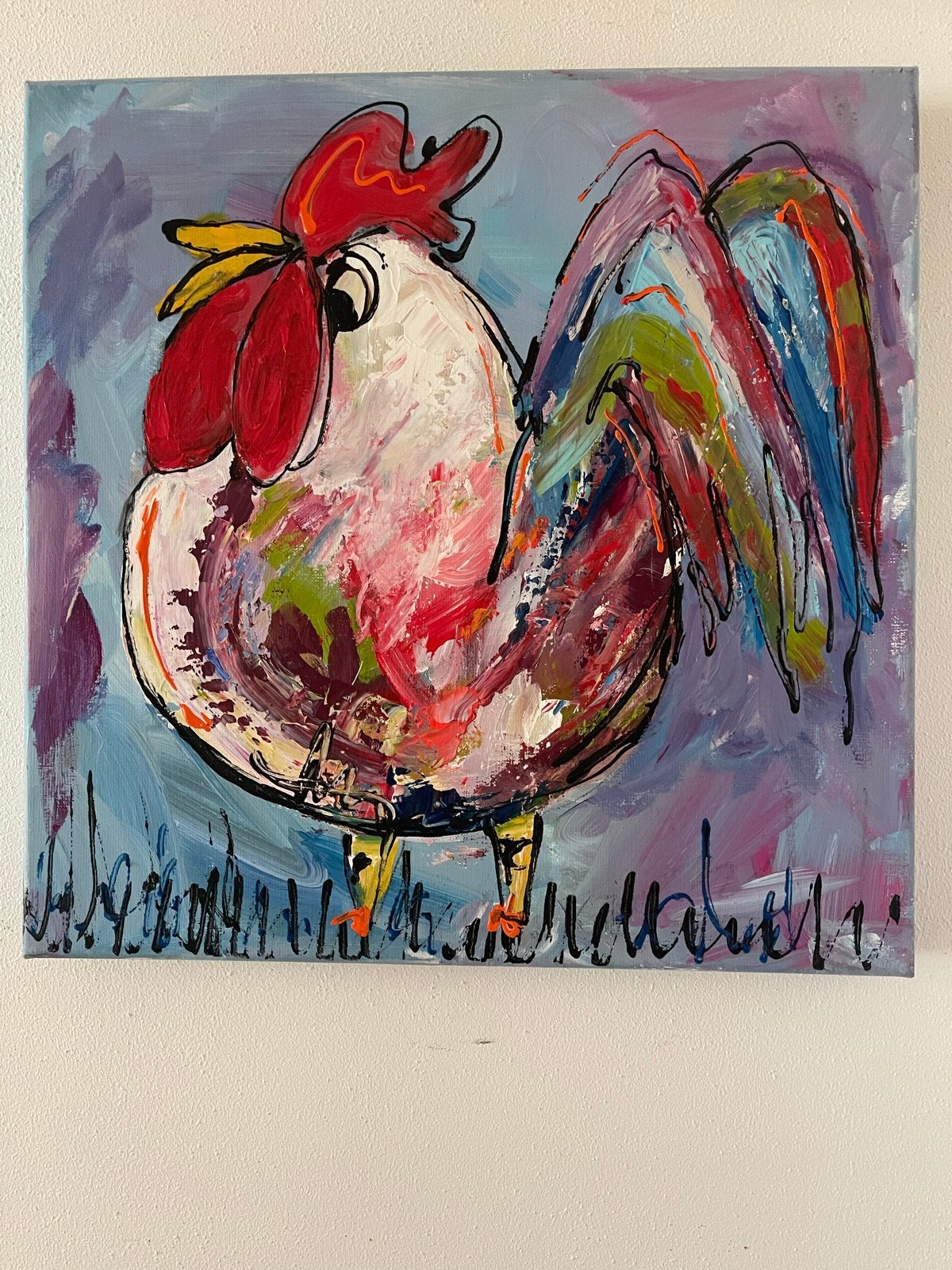 Vrolijke moderne kip. Schilderij (50-50) door kunstenares., Ophalen, Acrylverf, Handgeschilderd, Dieren