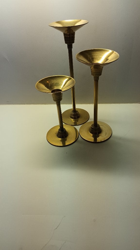 art deco kandelaars, set van drie, massief messing,, Gebruikt, Overige merken, Ophalen of Verzenden, Metaal