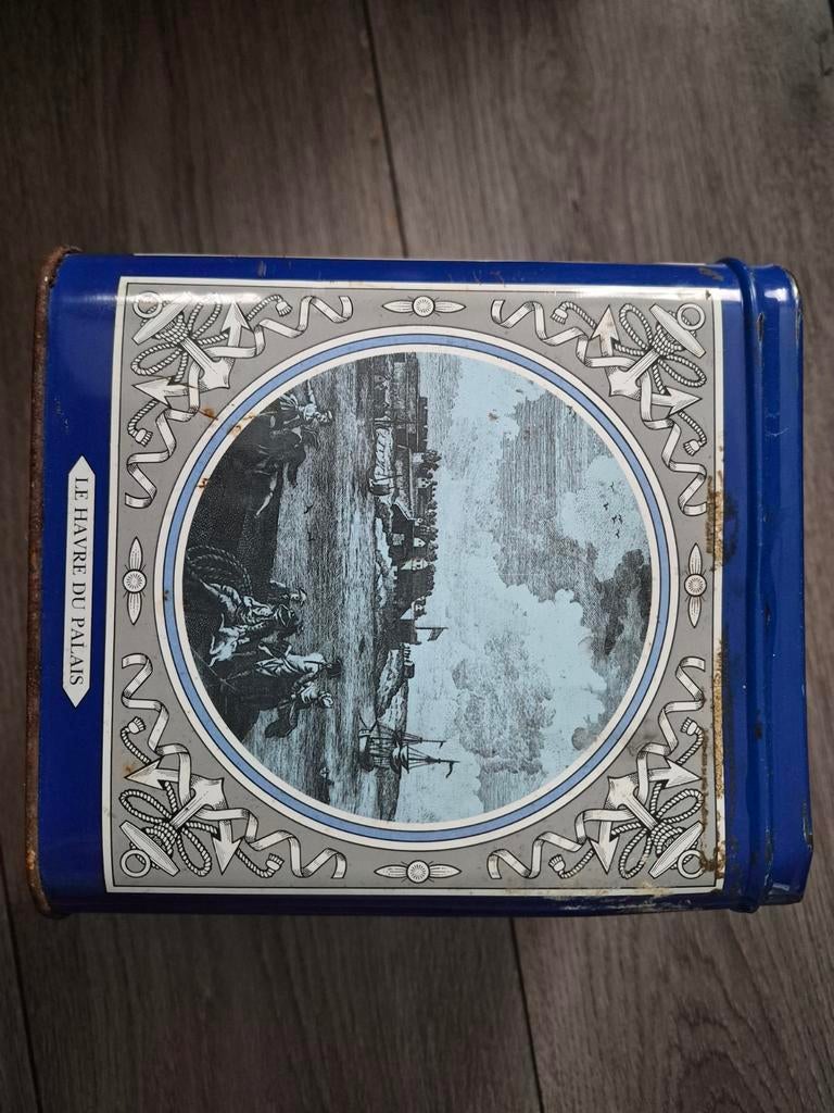 Vintage blikken trommel met Franse havengezichten, Verzamelen, Blikken, Ophalen of Verzenden, Gebruikt, Koek(jes), Overige merken