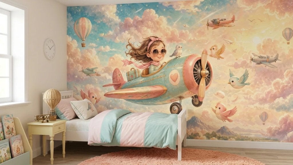 Fotobehang kinderkamer – meisje in vliegtuig op maat, Overige patronen, Overige merken, Ophalen of Verzenden, Blauw