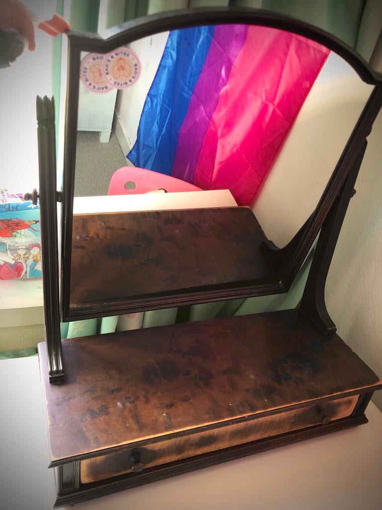 Antieke Eiken Klaptafel met Spiegel - Make-up Tafel, Ophalen, Rechthoekig, 50 tot 100 cm, Minder dan 100 cm