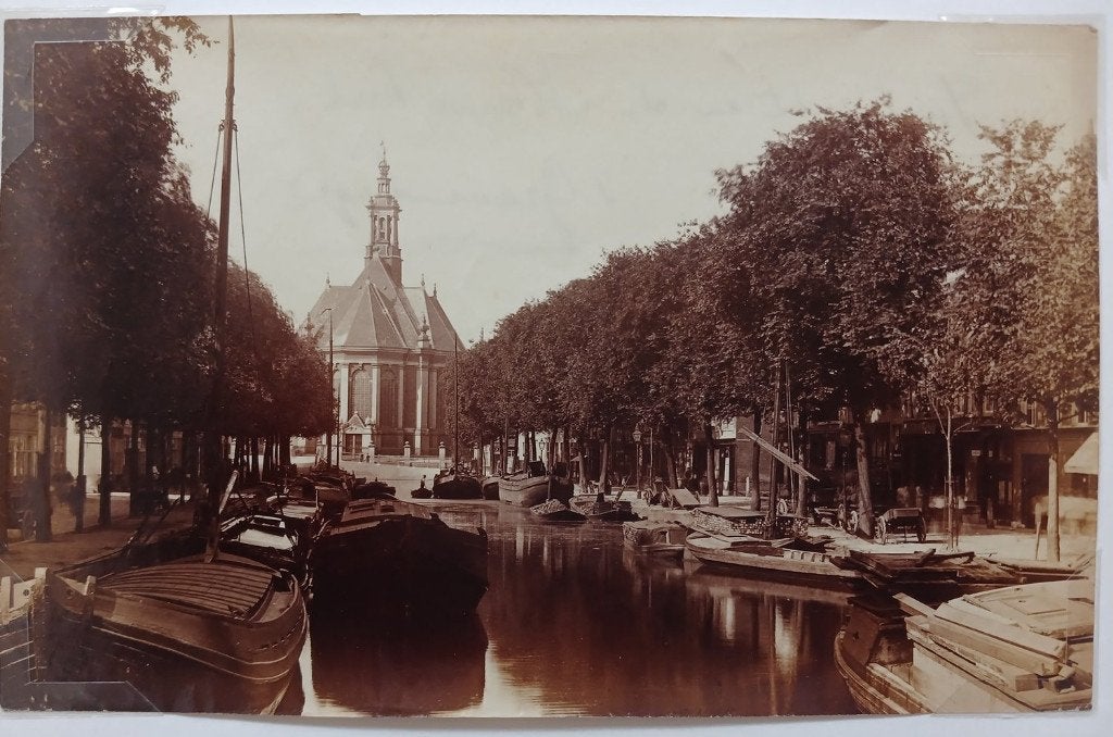 Albuminefoto Den Haag Turfmarkt en Nieuwe Kerk ca. 1885, Gebruikt, Verzenden, Foto, Gebouw