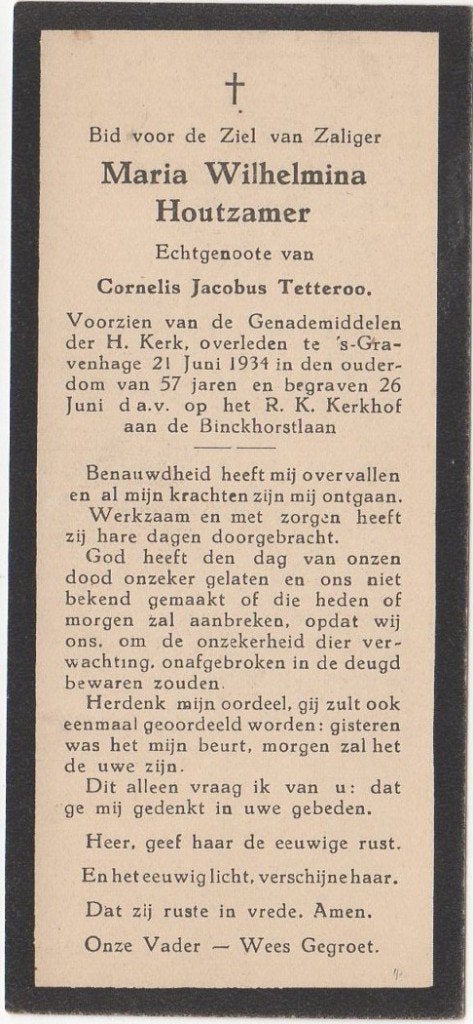 Maria W. Houtzamer 1877 Den Haag + 1934 Den Haag, 57 jaar, Ophalen of Verzenden