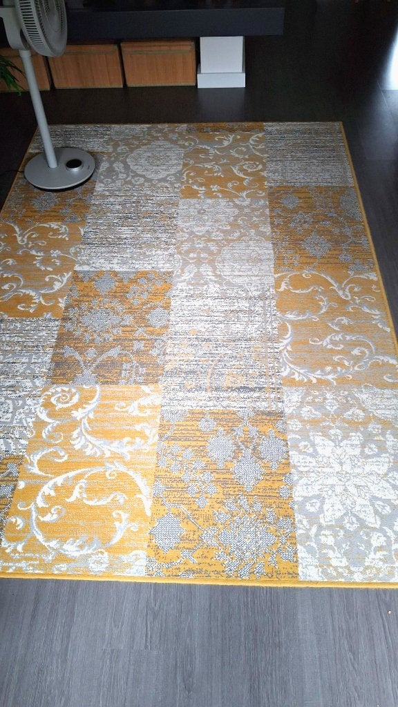 Vintage vloerkleed 230 x 190 cm Okergeel incl. Antislipmat, Huis en Inrichting, Ophalen, Gebruikt, Grijs, 200 cm of meer