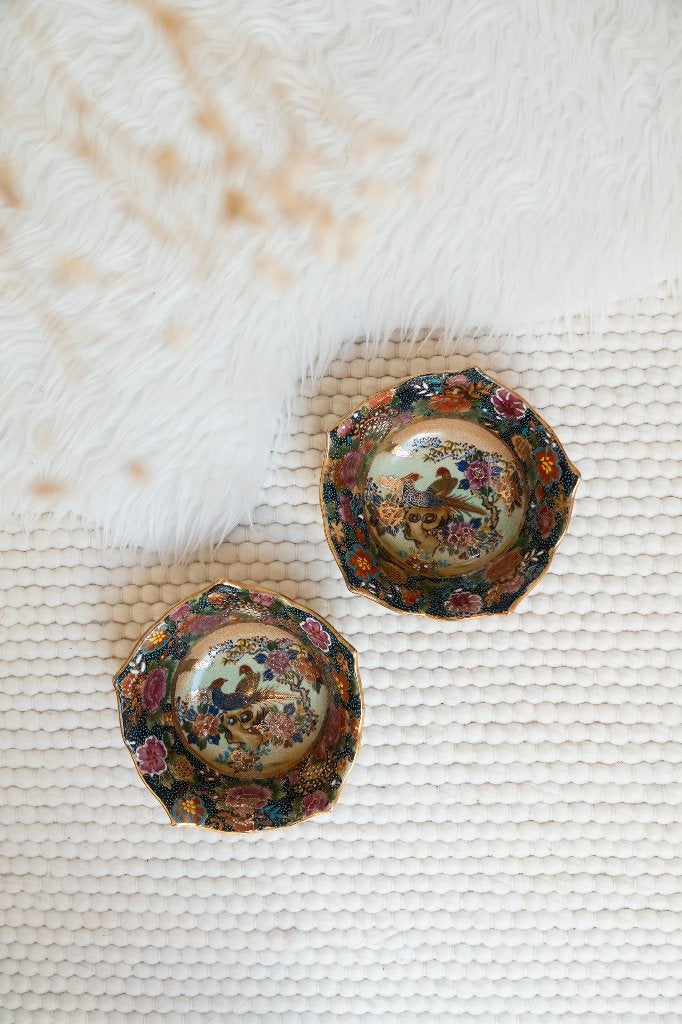 Foto 4 van Satsuma keramiek China schaaltjes pauwen set van 2