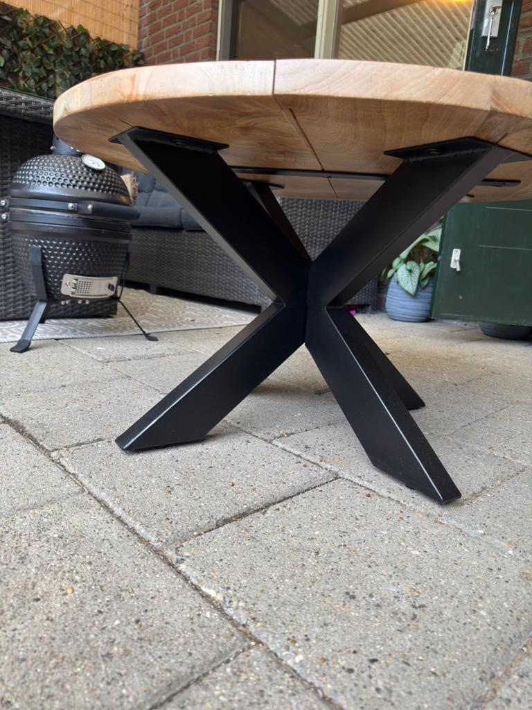 Ronde salontafel mangohout met zwart metalen onderstel, Huis en Inrichting, Tafels | Salontafels, Ophalen, Gebruikt, Rond, 50 tot 100 cm