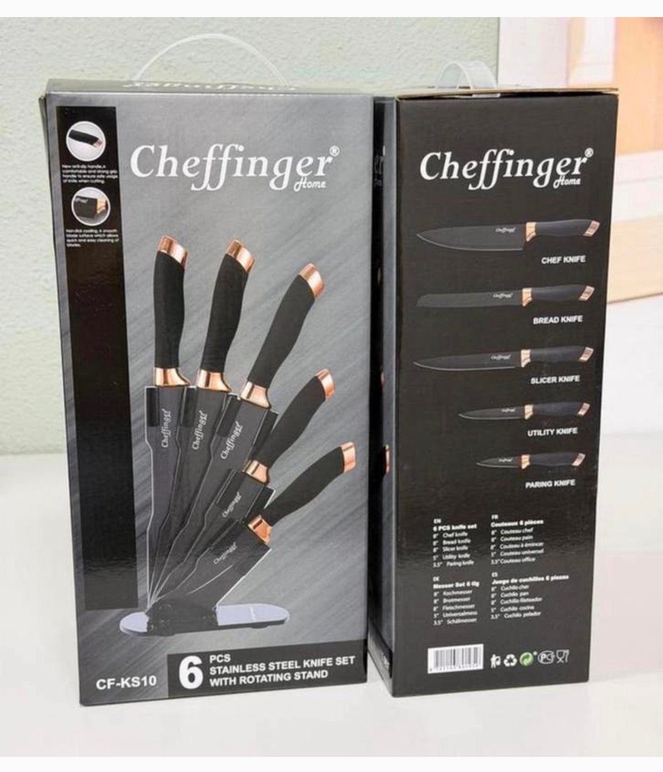 Cheffinger Messenset met Standaard – 6-delig Zwart Rosé Goud, Nieuw, Ophalen of Verzenden, H, Rvs of Chroom