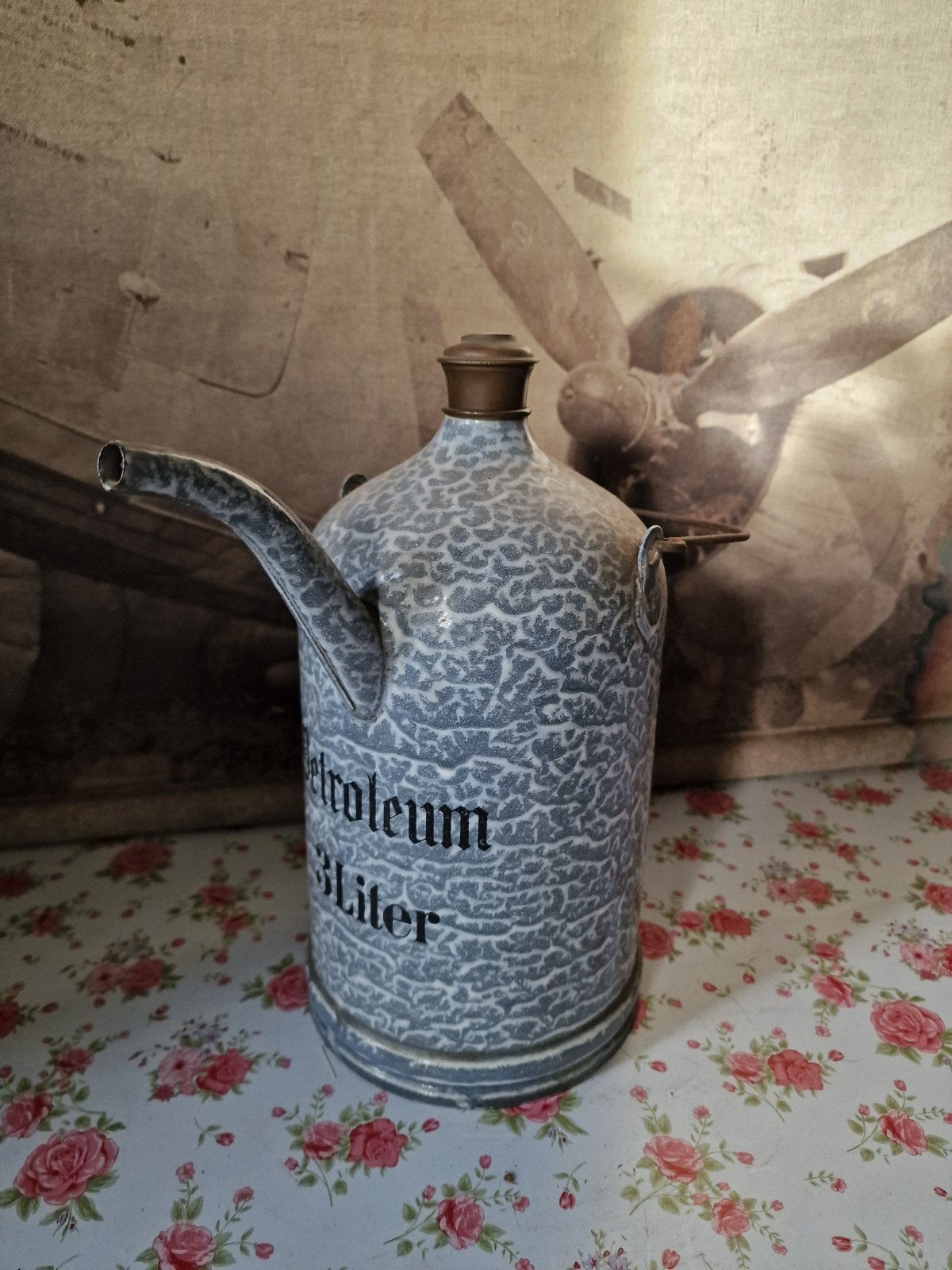 Grijs gewolkte emaille petroleumkan, Antiek en Kunst, Ophalen of Verzenden