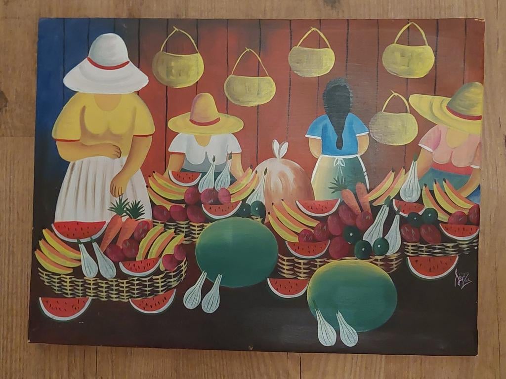 Kleurrijk schilderij van marktscène met fruit en figuren, Ophalen of Verzenden