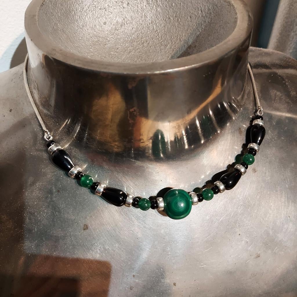 Mooie nieuwe zilveren ketting,Malachiet,Onyx,Agaat,zilver, Nieuw, Ophalen of Verzenden, Met edelsteen, Groen