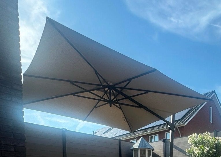 Zweefparasol Jasmijn 300x300cm met voet en hoes, Ophalen, Kantelbaar, Nieuw, 2 tot 3 meter