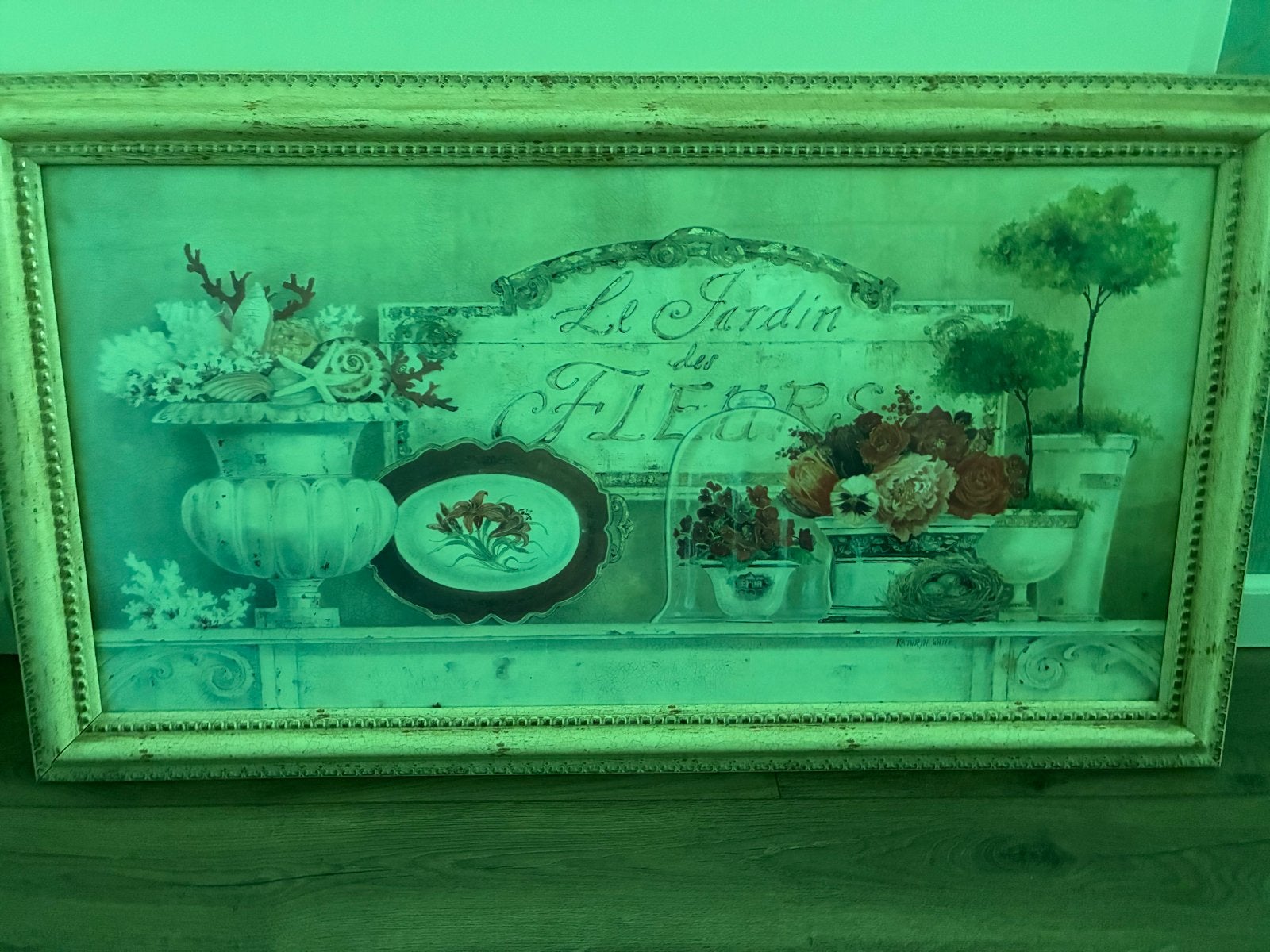 Schilderij 'Le Jardin des Fleurs' met bloemen en schelpen, Antiek en Kunst, Doek, Klassiek, Print, Ingelijst