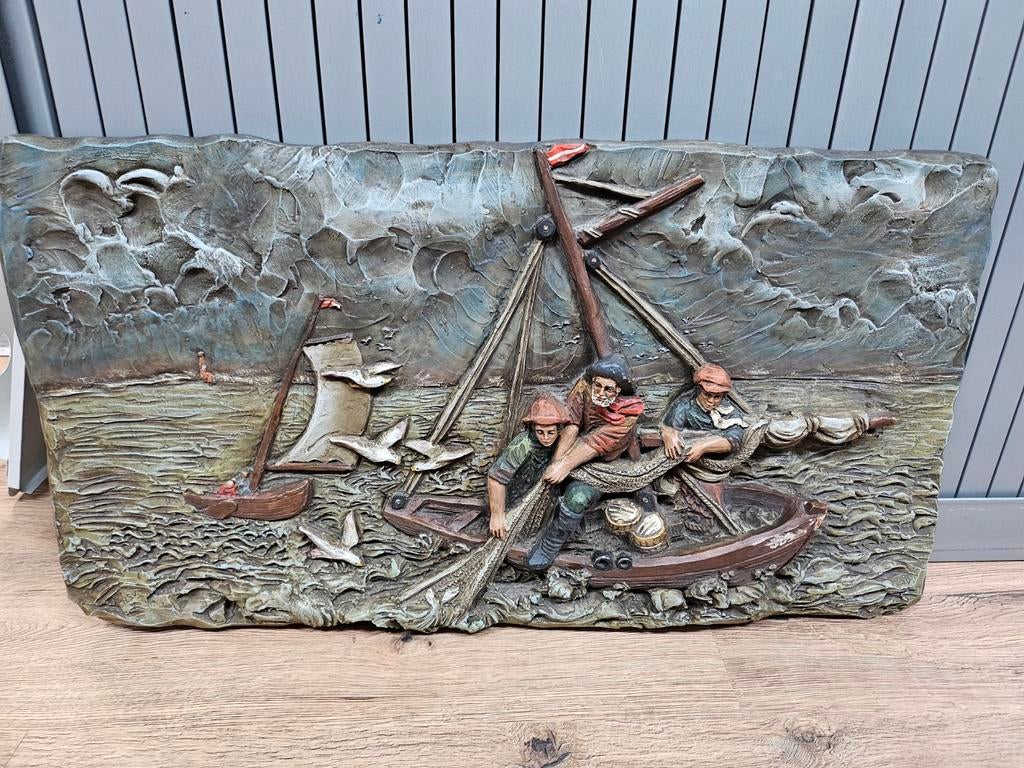 Vintage 3D Reliëf Muurdecoratie Vissersboot Zeegezicht, Ophalen