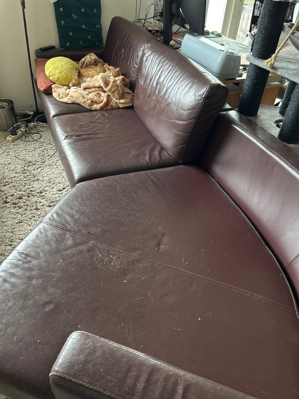 Gratis bankstel leer bordeaux rood bruin met ligdeel, Huis en Inrichting, Gebruikt, Hoekbank, Ophalen of Verzenden, Leer