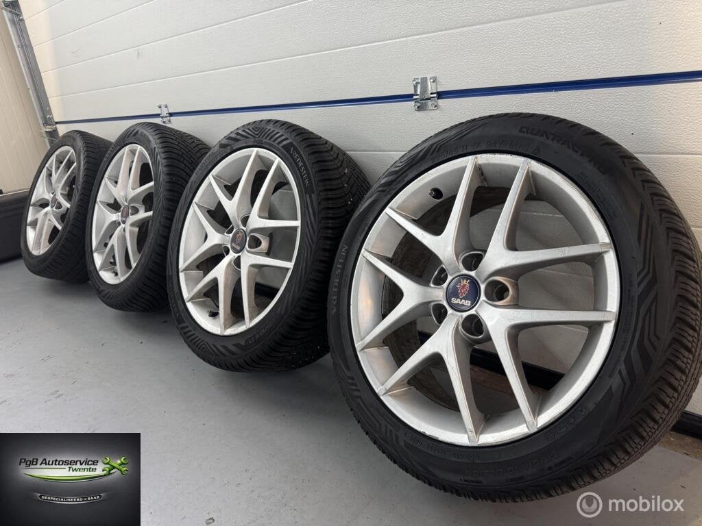 Saab Alu 50 velgen gebruikt z.g.a.n. all season banden, Gebruikt, Banden en Velgen, 17 inch, Ophalen of Verzenden