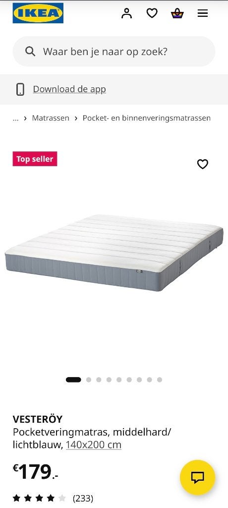 VESTERÖY Pocketveringmatras middelhard/lichtblauw 140x200 cm, Ophalen, 140 cm, Zo goed als nieuw, Twijfelaar
