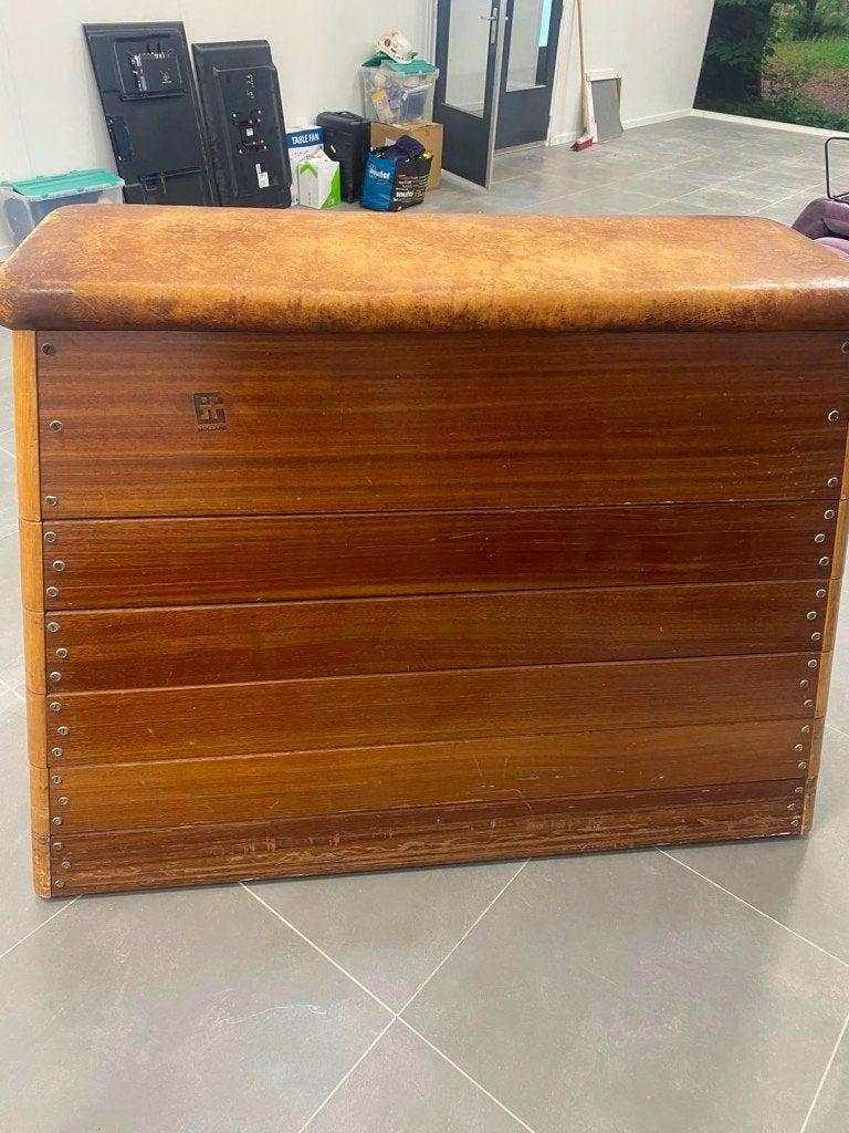 Vintage turnkast / gymkast – hout en leer, Ophalen, Gebruikt, Bruin, Materiaal