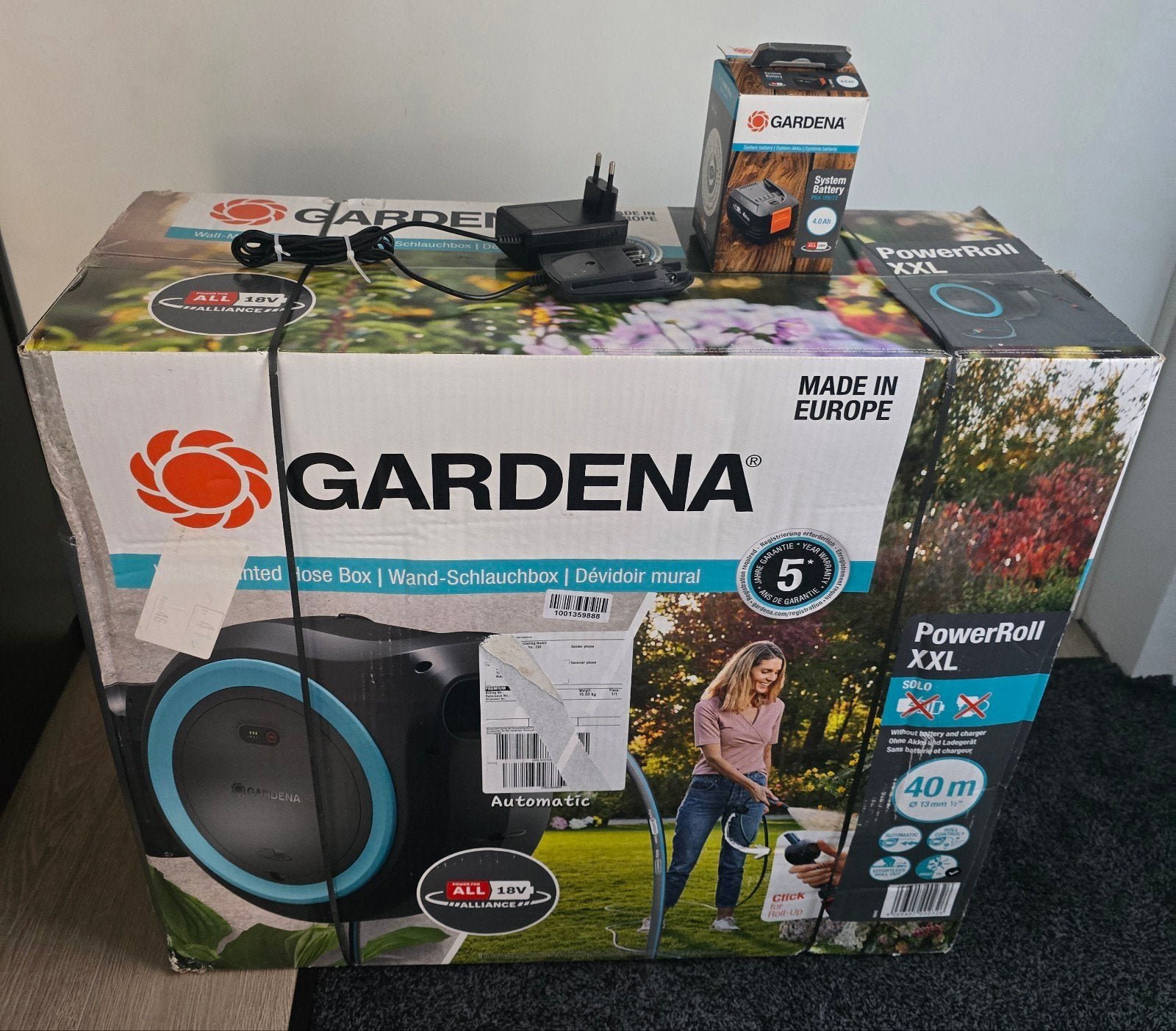 Nieuwe Gardena PowerRoll XXL 40 meter + 4.0Ah accu + oplader, Ophalen, Nieuw, Tuinslang