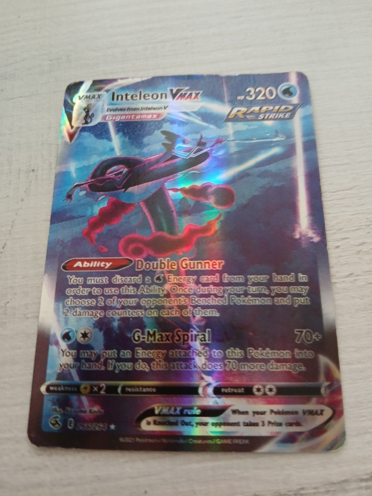 Inteleon VMAX Gigantamax Pokémon Kaart Rapid Strike, Ophalen of Verzenden, Gebruikt, Losse kaart, Foil