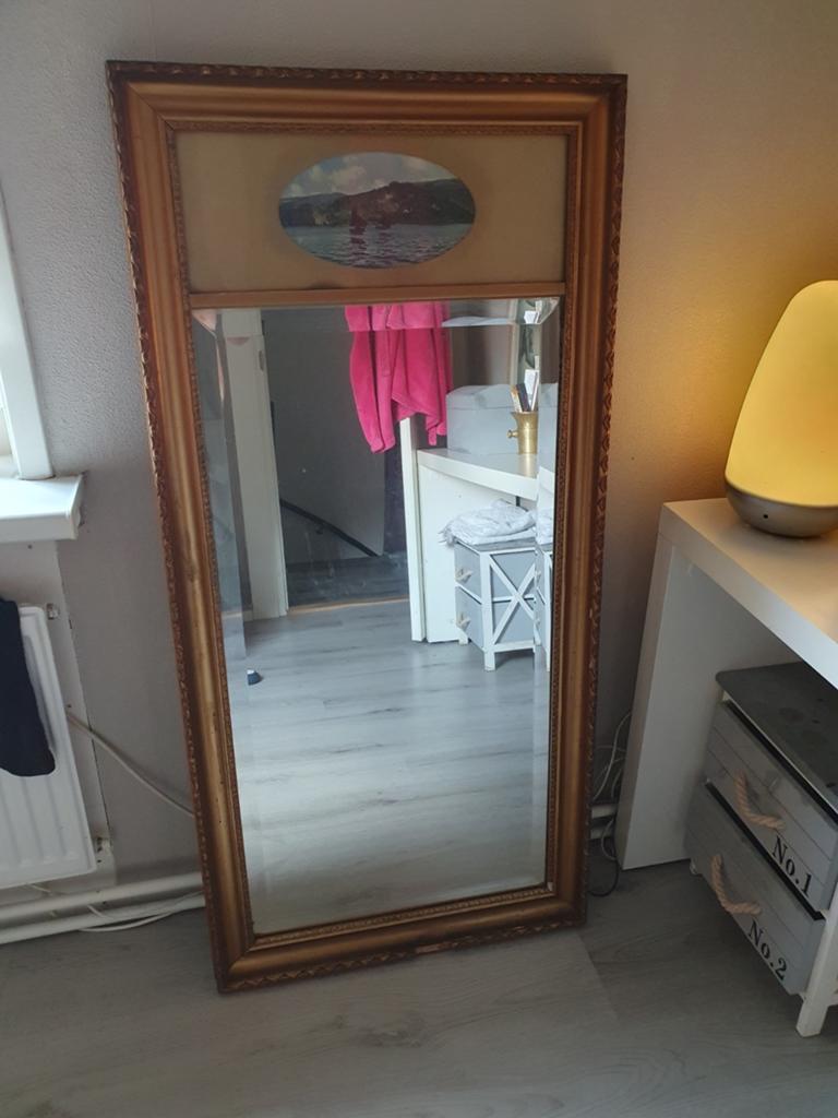 Brokante spiegel goudkleurig, Ophalen, Rechthoekig, Minder dan 50 cm, 100 tot 150 cm