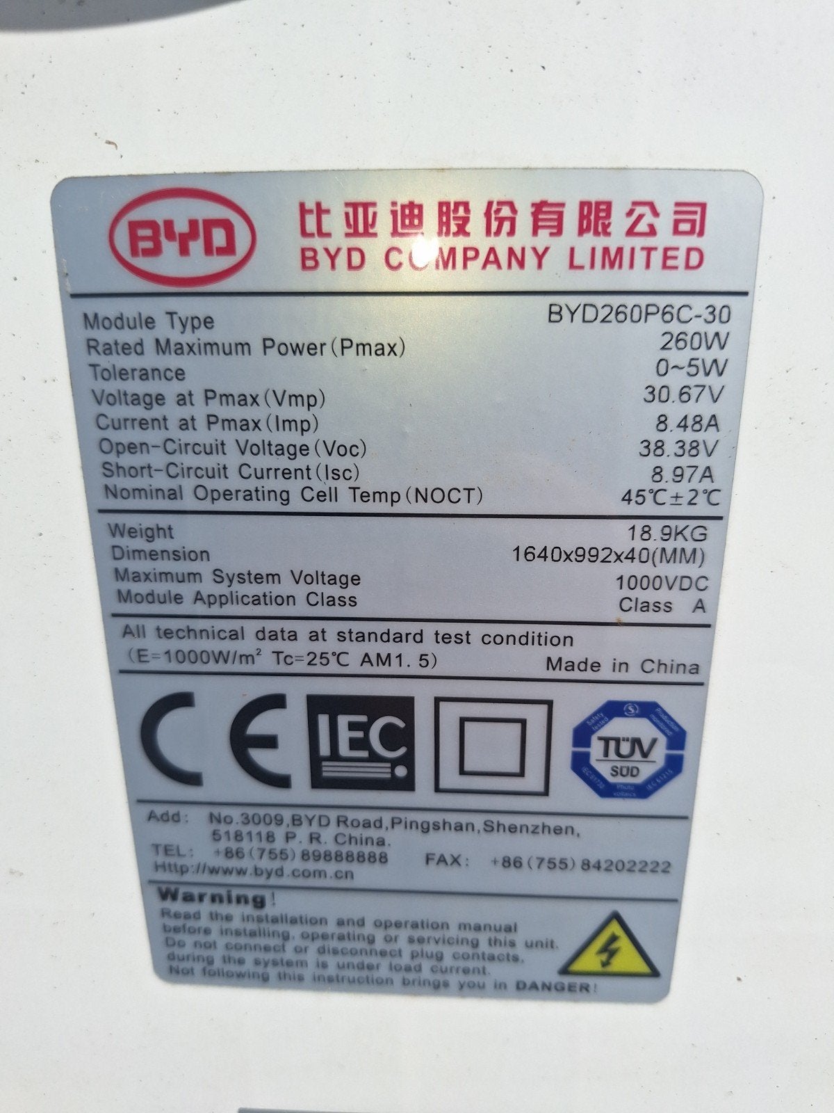 6x BYD Zonnepanelen 260Wp, Ophalen, Gebruikt, Overige typen