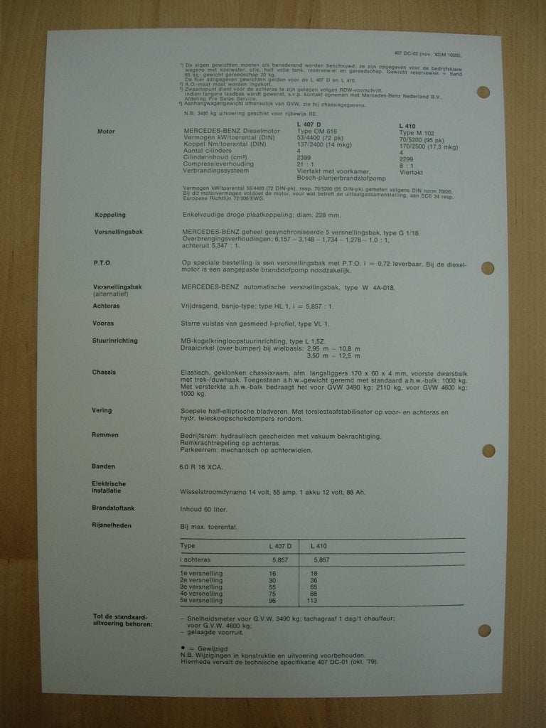 Mercedes 407 410 Technische Specificatie Brochure 1983 407D, Boeken, Zo goed als nieuw, Mercedes-Benz, Mercedes, Ophalen of Verzenden