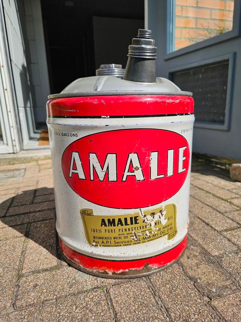Vintage Amalie Olieblik 5 Gallon olie blik, Ophalen of Verzenden, Gebruikt, Overige
