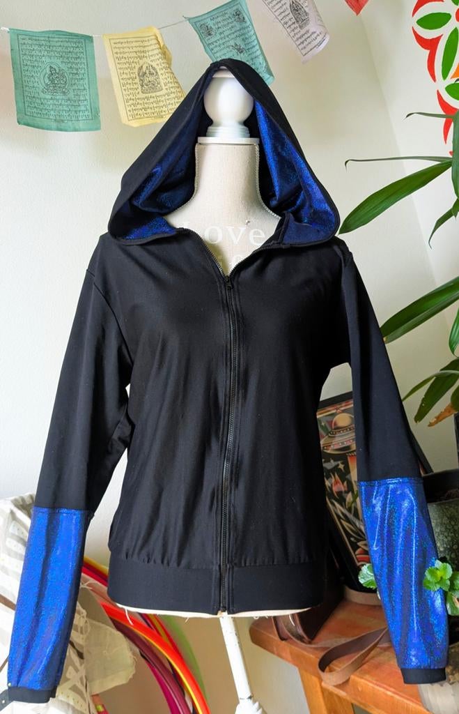 Goa psy rave glitter shiny holographic coquetry vest hoodie, Maat 38/40 (M), Blauw, Ophalen of Verzenden, Zo goed als nieuw