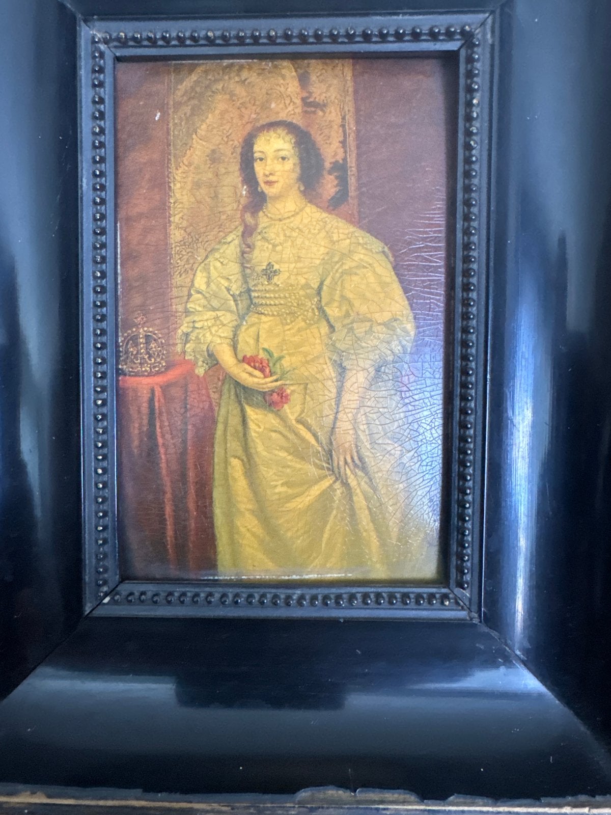 Klassiek Portret van Dame met Kroon en Bloemen, Ophalen, Portret of Personen, Metaal, Olieverf