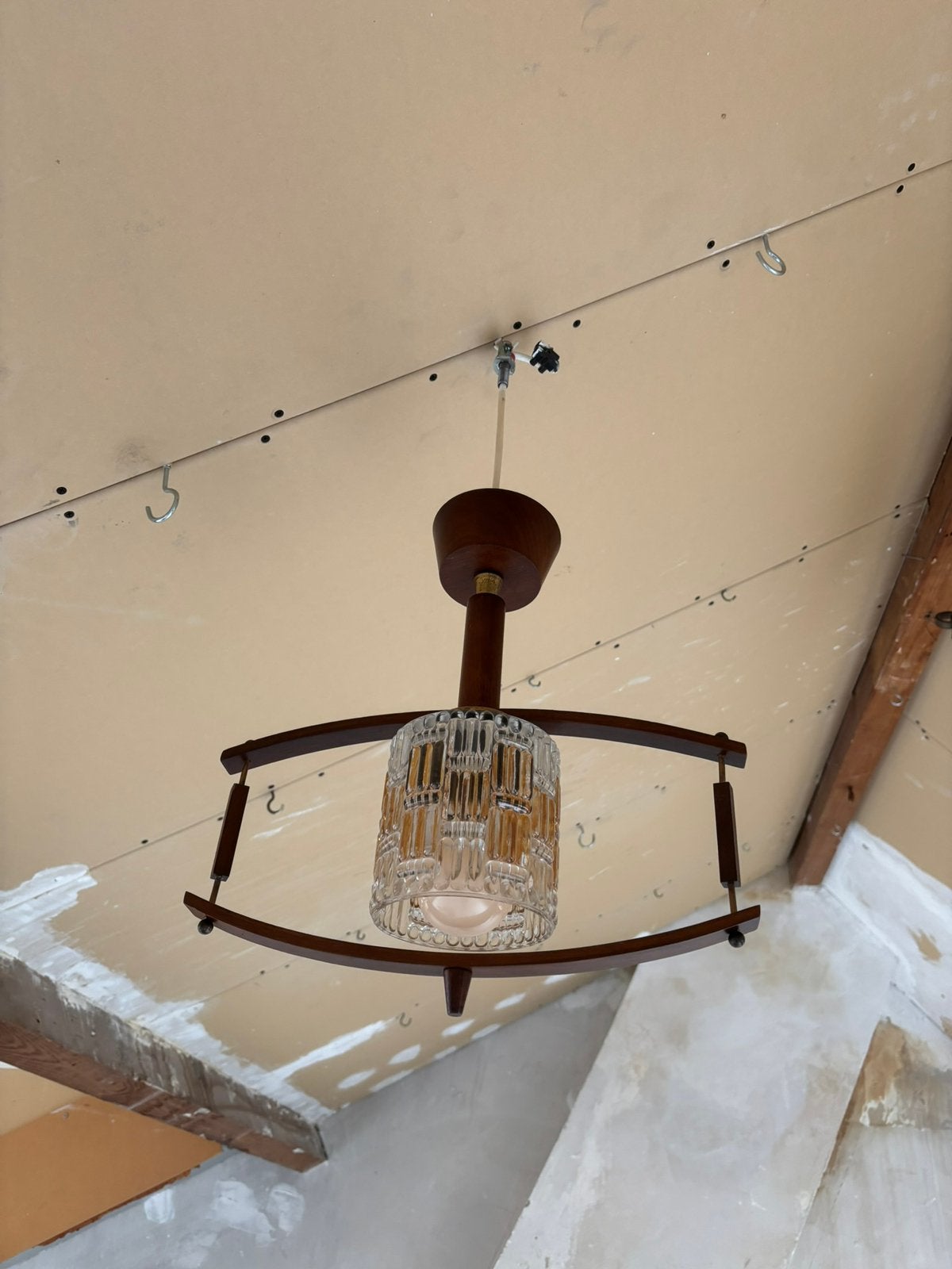 Vintage Mid-Century Hanglamp - Teak & Kristalglas, Ophalen of Verzenden, Zo goed als nieuw