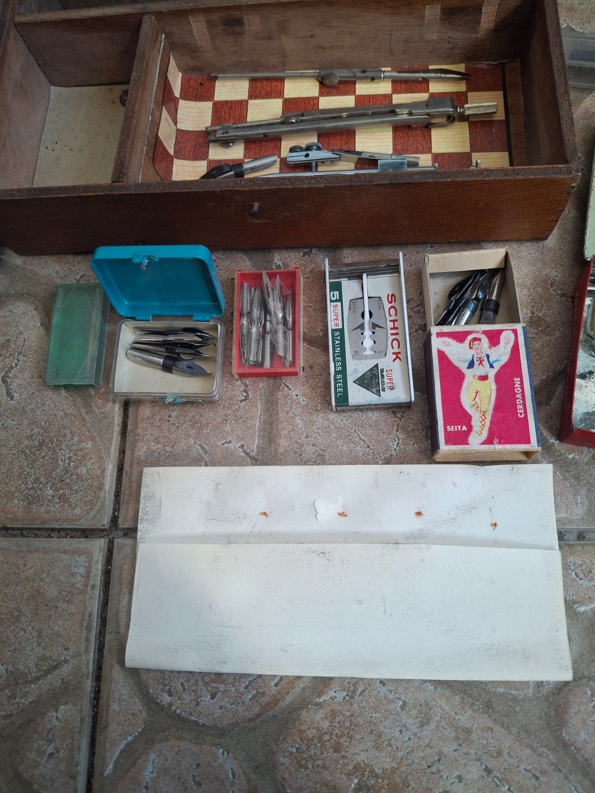 Vintage kaligrafie/teken set accessoires in houten kist, Ophalen of Verzenden