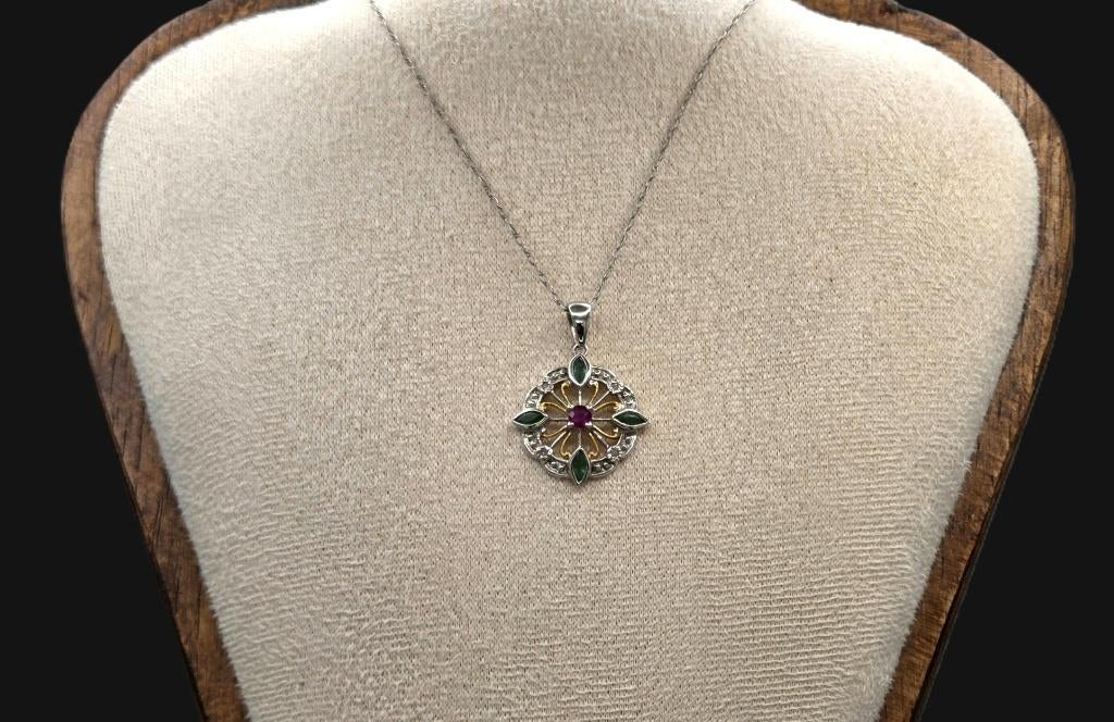 Gouden Vintage ketting robijn, smaragd en diamant. 2026/142.