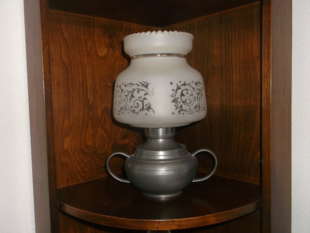 Tinnen tafel/kast-lamp met glas, Ophalen of Verzenden