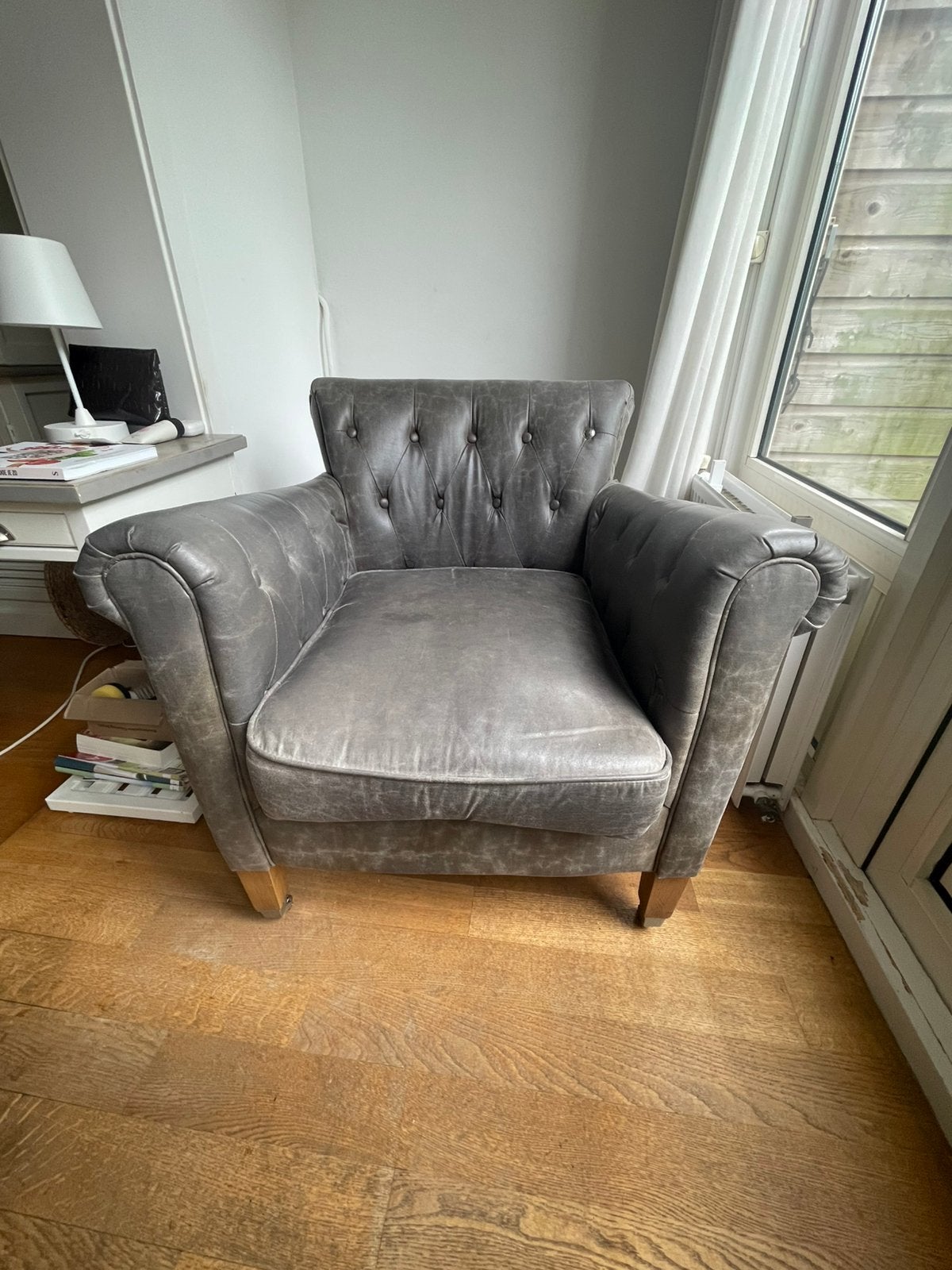 Riviera maison fauteuil grijs/groen, Huis en Inrichting, Ophalen, Gebruikt, 75 tot 100 cm, 50 tot 75 cm