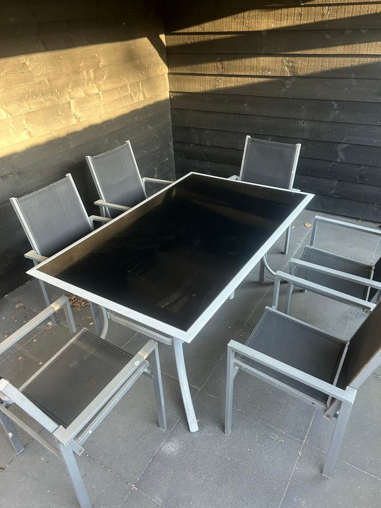 Tuinset met 6 stoelen en kussens, Tuin en Terras, Tuinsets en Loungesets, Ophalen, Gebruikt, Eettafel, 6 zitplaatsen