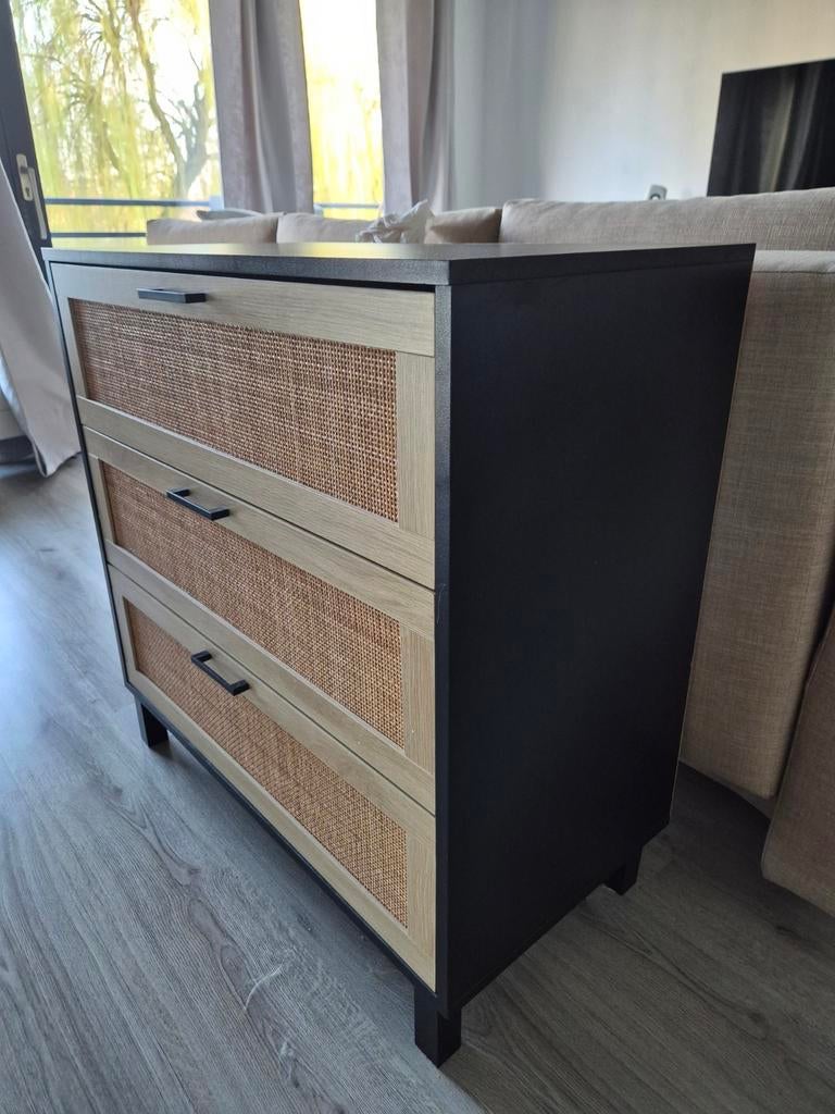 Commode met 3 laden - Zwart met rotan look, Huis en Inrichting, Modern, Bohemian, Zo goed als nieuw, 3 of 4 laden, Overige houtsoorten