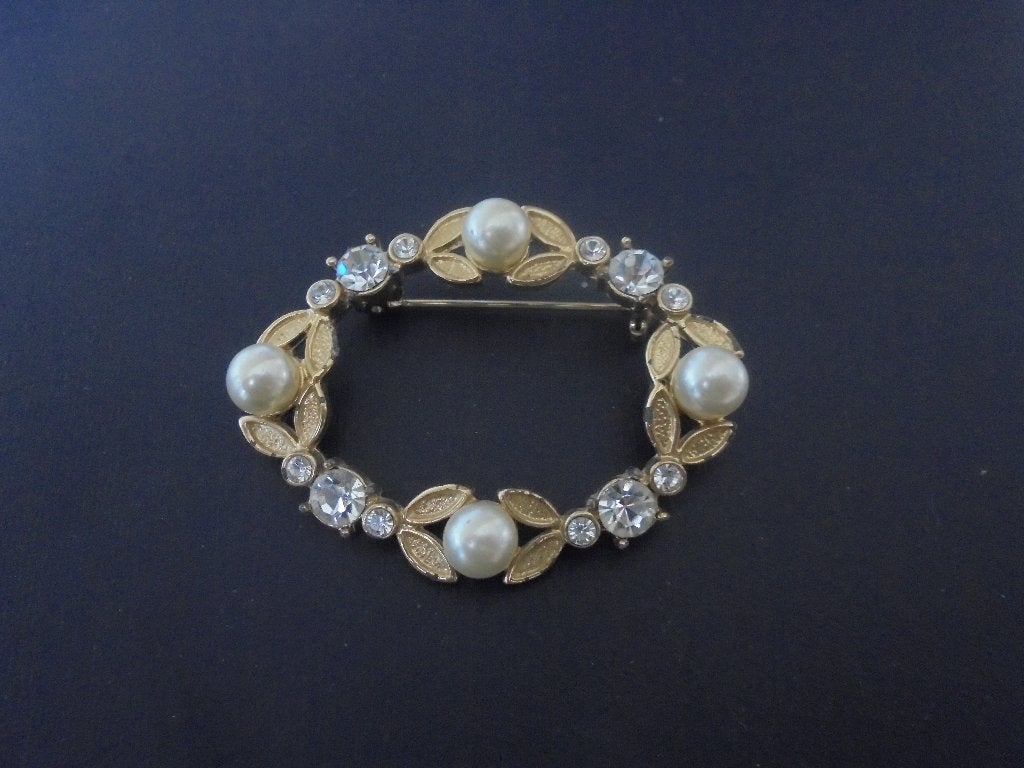 Vintage Cabouchon broche verguld metaal met kristallen, Sieraden, Tassen en Uiterlijk, Kettingen, Ophalen of Verzenden, Zo goed als nieuw