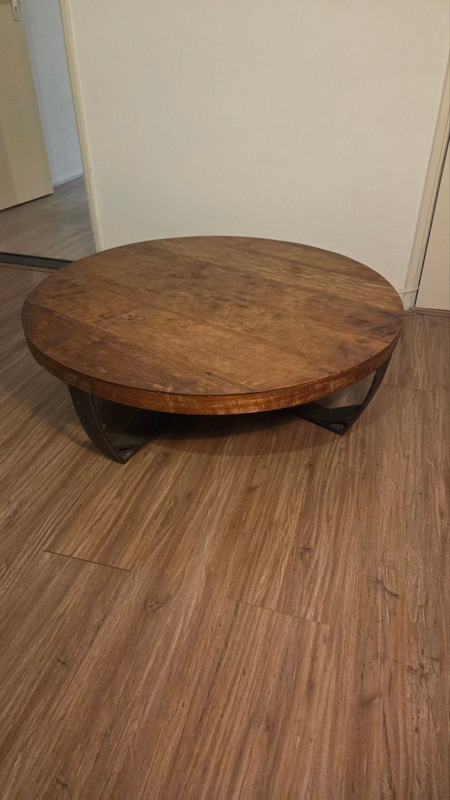 Ronde houten salontafel met metalen onderstel, Gebruikt, 50 tot 100 cm, Rond, 50 tot 100 cm