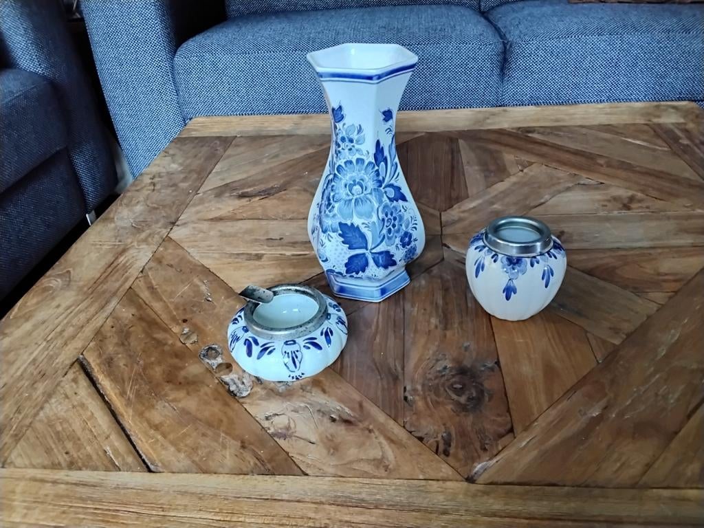 Vaas lepelbakje en asbak delfs blauw, Ophalen of Verzenden