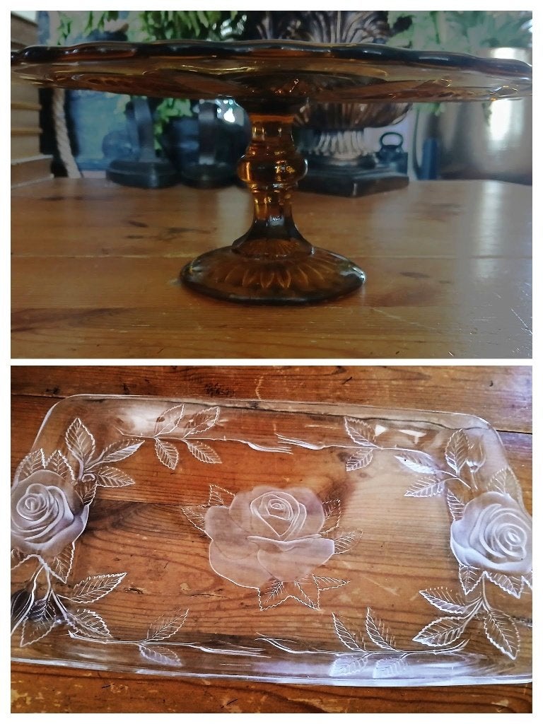 Glazen glas taart plateau amber en koya, Antiek en Kunst, Ophalen of Verzenden