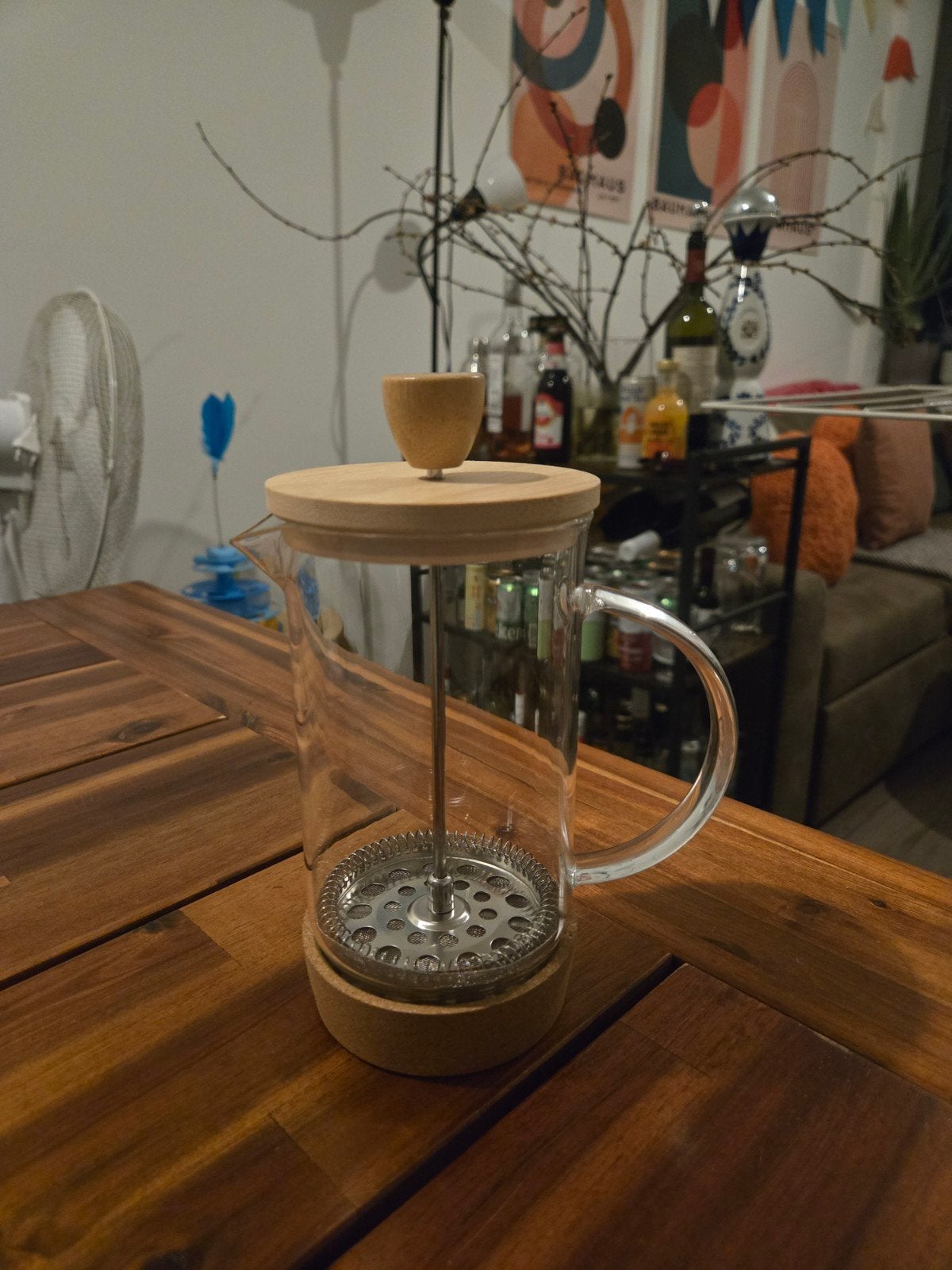 Glazen French Press Koffiezetter met Houten Details, Ophalen of Verzenden, Zo goed als nieuw, Meerkleurig, Glas